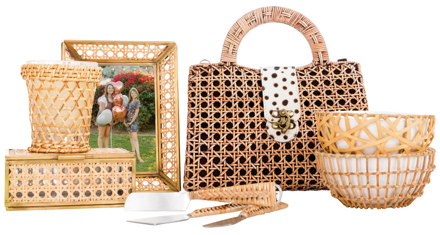 LEFT TO RIGHT: Nest rattan classic candle, $58; Natural cane wicker décor box, $100; 4x6 in wicker frame, $90; Zodax rattan 3-piece cheese tool set, $46; Sarah Stewart Harper rattan handbag, $248; bamboo wicker condiment bowls, $64 Floral Palette, La Jolla